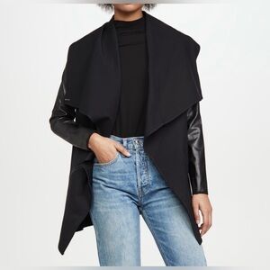 SPANX faux leather, drape front open jacket, black, size large